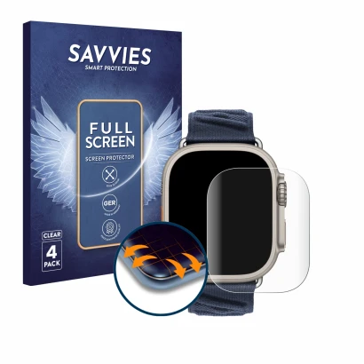 Front side of a product packaging with the brand logo Savvies. Next to it is the device Apple Watch Hermès Ultra 2 shown with 