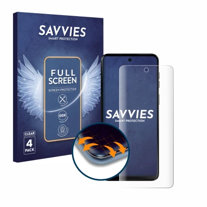Front side of a product packaging with the brand logo Savvies. Next to it is the device Motorola Moto G55 shown with the corre
