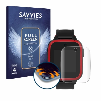 Front side of a product packaging with the brand logo Savvies. Next to it is the device Xplora Let's Go shown with the corresp