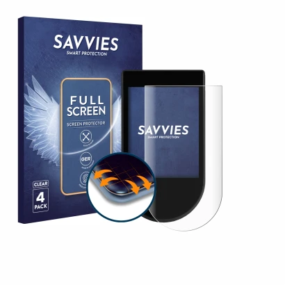 Front side of a product packaging with the brand logo Savvies. Next to it is the device SoFlow SO1+ shown with the correspondi