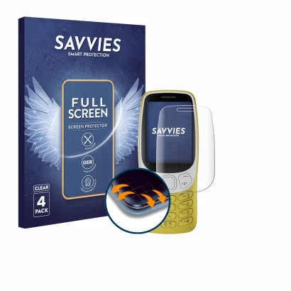 Front side of a product packaging with the brand logo Savvies. Next to it is the device Nokia 3210 shown with the correspondin