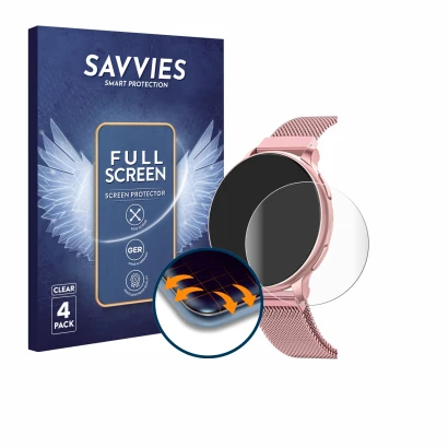 Front side of a product packaging with the brand logo Savvies. Next to it is the device Banlvs Smartwatch 1.27" shown with the