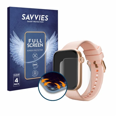 Front side of a product packaging with the brand logo Savvies. Next to it is the device Maoo ProWatch 1.85" shown with the cor