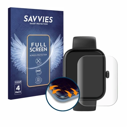 Front side of a product packaging with the brand logo Savvies. Next to it is the device Hama Fit Watch 5000 shown with the cor