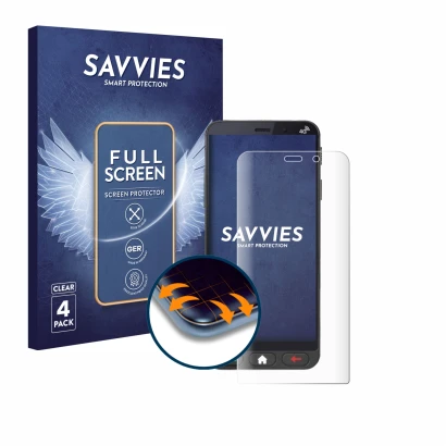 Front side of a product packaging with the brand logo Savvies. Next to it is the device Brondi Amico Vero 4G shown with the co