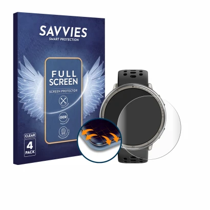 Front side of a product packaging with the brand logo Savvies. Next to it is the device Amazfit Active 2 shown with the corres