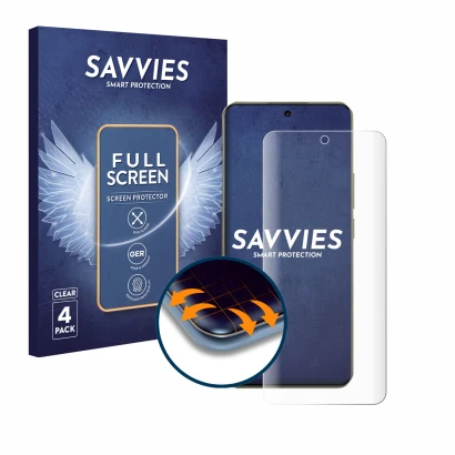 Front side of a product packaging with the brand logo Savvies. Next to it is the device realme 14 Pro Plus shown with the corr