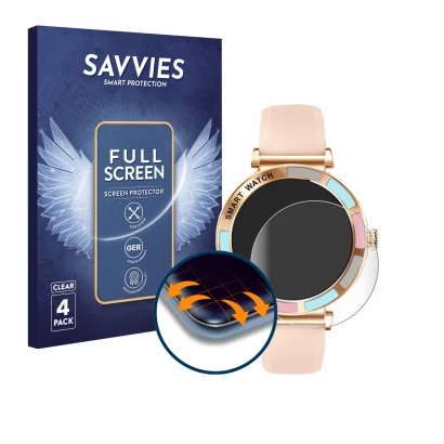 Front side of a product packaging with the brand logo Savvies. Next to it is the device Braidol Smartwatch 1.27" shown with th