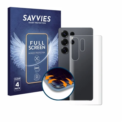 Front side of a product packaging with the brand logo Savvies. Next to it is the device Samsung Galaxy S25 Ultra (Back) shown 