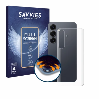 Front side of a product packaging with the brand logo Savvies. Next to it is the device Samsung Galaxy S25 (Back) shown with t