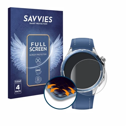 Front side of a product packaging with the brand logo Savvies. Next to it is the device Oppo Watch X2 shown with the correspon