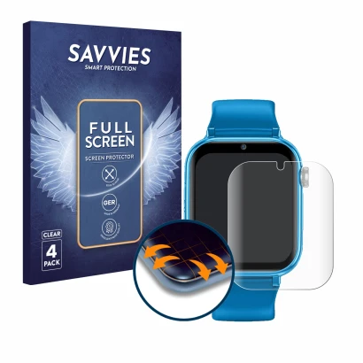 Front side of a product packaging with the brand logo Savvies. Next to it is the device Maxcom FW59 Kiddo 4G shown with the co