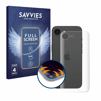 Front side of a product packaging with the brand logo Savvies. Next to it is the device Apple iPhone 16e (Back) shown with the