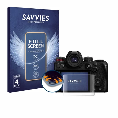 Front side of a product packaging with the brand logo Savvies. Next to it is the device Panasonic Lumix S1R II shown with the 
