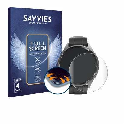 Front side of a product packaging with the brand logo Savvies. Next to it is the device Hama Smartwatch 7010 shown with the co