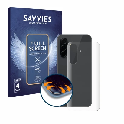 Front side of a product packaging with the brand logo Savvies. Next to it is the device Samsung Galaxy A36 5G (Back) shown wit