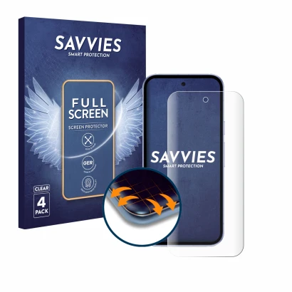 Front side of a product packaging with the brand logo Savvies. Next to it is the device Google Pixel 9a shown with the corresp