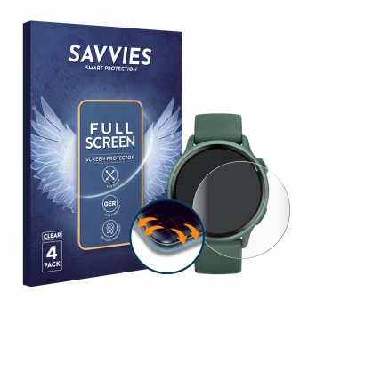 Front side of a product packaging with the brand logo Savvies. Next to it is the device Garmin vivoactive 6 shown with the cor
