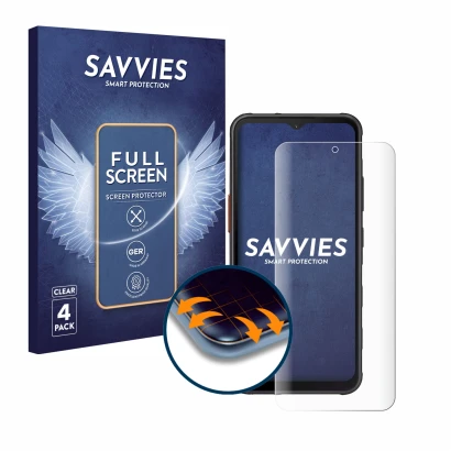 Front side of a product packaging with the brand logo Savvies. Next to it is the device Samsung Galaxy XCover 7 Pro shown with
