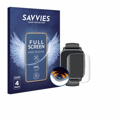 Front side of a product packaging with the brand logo Savvies. Next to it is the device Poounur T80 1.95" shown with the corre