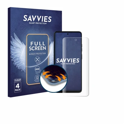 Front side of a product packaging with the brand logo Savvies. Next to it is the device Motorola Moto G56 shown with the corre