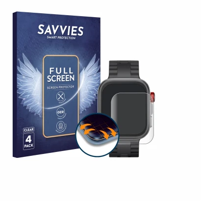 Front side of a product packaging with the brand logo Savvies. Next to it is the device Huawei Watch Fit 4 Pro shown with the 