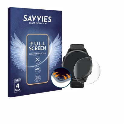 Front side of a product packaging with the brand logo Savvies. Next to it is the device Garmin Forerunner 970 shown with the c