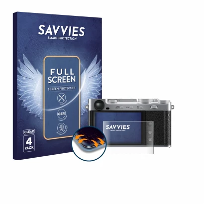 Front side of a product packaging with the brand logo Savvies. Next to it is the device Fujifilm X-E5 shown with the correspon