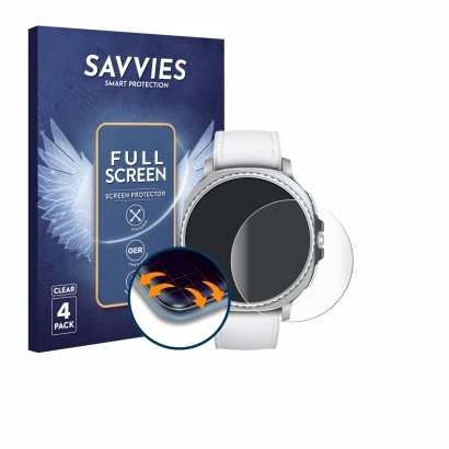 Front side of a product packaging with the brand logo Savvies. Next to it is the device Samsung Galaxy Watch 8 Classic (46 mm)