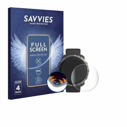 Front side of a product packaging with the brand logo Savvies. Next to it is the device Polar Grit X2 shown with the correspon