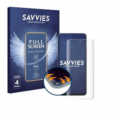 Front side of a product packaging with the brand logo Savvies. Next to it is the device OnePlus Nord CE 5 shown with the corre