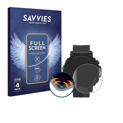 Front side of a product packaging with the brand logo Savvies. Next to it is the device Crivit Sport-Smartwatch shown with the