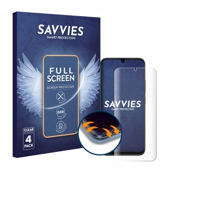 Front side of a product packaging with the brand logo Savvies. Next to it is the device Xiaomi Redmi 15C 4G shown with the cor