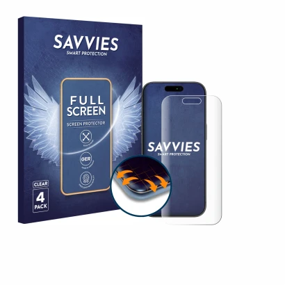 Front side of a product packaging with the brand logo Savvies. Next to it is the device Apple iPhone 17 Pro shown with the cor