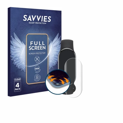 Front side of a product packaging with the brand logo Savvies. Next to it is the device Xiaomi Smart Band 10 shown with the co
