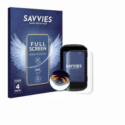 Front side of a product packaging with the brand logo Savvies. Next to it is the device Garmin Edge 850 shown with the corresp