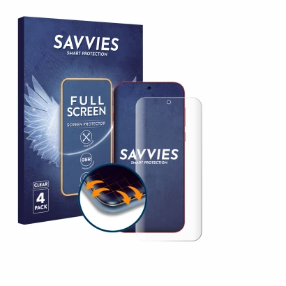 Front side of a product packaging with the brand logo Savvies. Next to it is the device Oppo Find X9 shown with the correspond