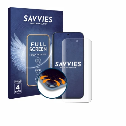 Front side of a product packaging with the brand logo Savvies. Next to it is the device Xiaomi Redmi K90 Pro Max shown with th