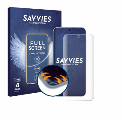 Front side of a product packaging with the brand logo Savvies. Next to it is the device Vivo X300 shown with the corresponding