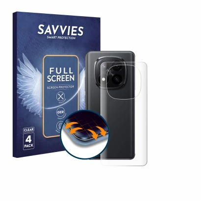 Front side of a product packaging with the brand logo Savvies. Next to it is the device Xiaomi Redmi Note 14 Pro Plus 5G (Back