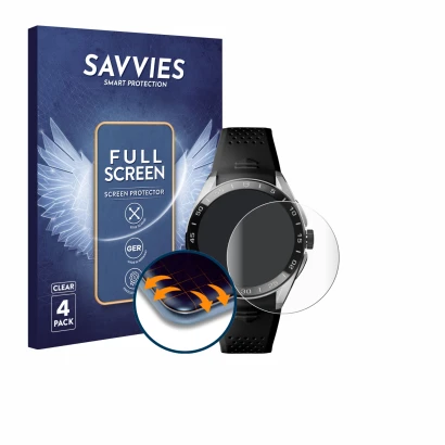 Front side of a product packaging with the brand logo Savvies. Next to it is the device TAG Heuer Connected Calibre E5 (45 mm)