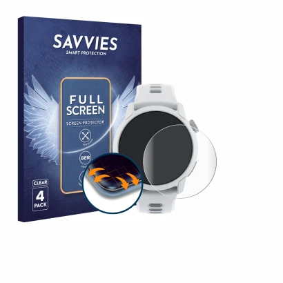 Front side of a product packaging with the brand logo Savvies. Next to it is the device Coros Pace 4 shown with the correspond