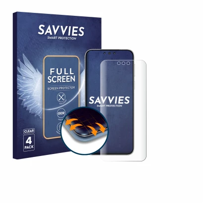 Front side of a product packaging with the brand logo Savvies. Next to it is the device Huawei Mate 80 shown with the correspo