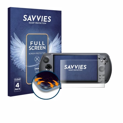 Front side of a product packaging with the brand logo Savvies. Next to it is the device GPD Win 5 shown with the corresponding