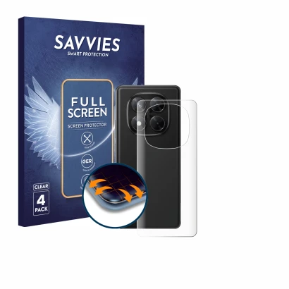 Front side of a product packaging with the brand logo Savvies. Next to it is the device Xiaomi Redmi Note 14 Pro 4G (Back) sho