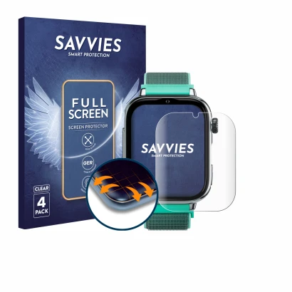 Front side of a product packaging with the brand logo Savvies. Next to it is the device SaveFamily SaveWatch Plus 2 shown with