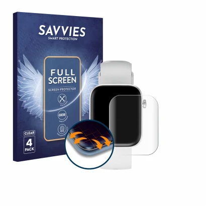 Front side of a product packaging with the brand logo Savvies. Next to it is the device HMD Watch P1 shown with the correspond