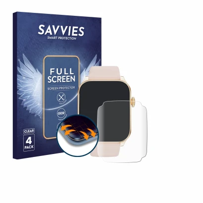 Front side of a product packaging with the brand logo Savvies. Next to it is the device Haulvean Smartwatch 1.91