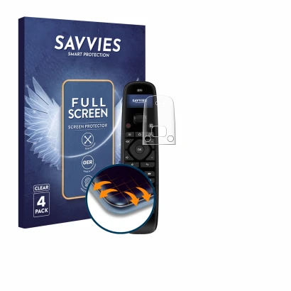 Front side of a product packaging with the brand logo Savvies. Next to it is the device Sofabaton U2 shown with the correspond