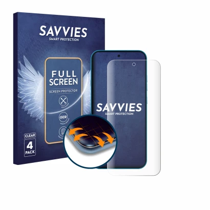 Front side of a product packaging with the brand logo Savvies. Next to it is the device Nothing Phone (4a) shown with the corr